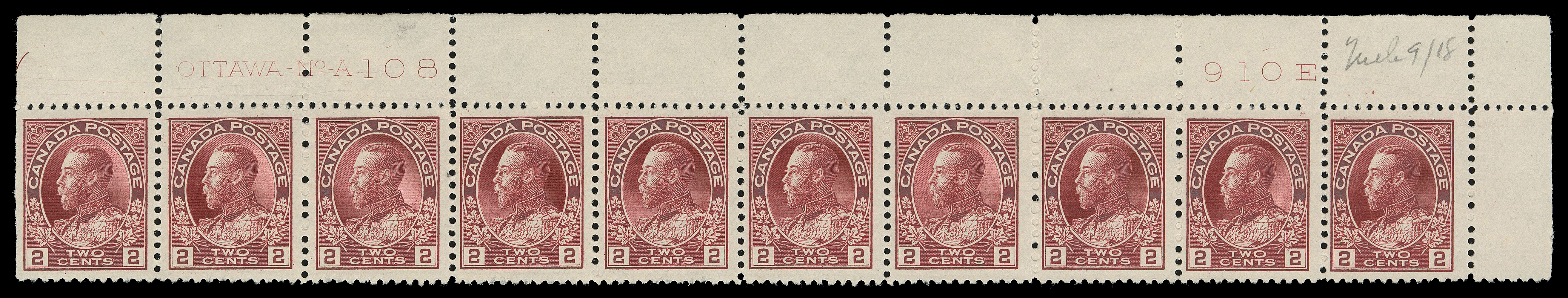 ADMIRAL STAMPS  106,A quartet of plate strips of ten with consecutive numbers – UR Plate 108, UL Plate 109, UR Plate 110 and UR Plate 111. Quite well centered with rich colour, last strip has natural gum crease on right pair, each with pencil date of acquisition, VF. (Unitrade cat. $4,800)