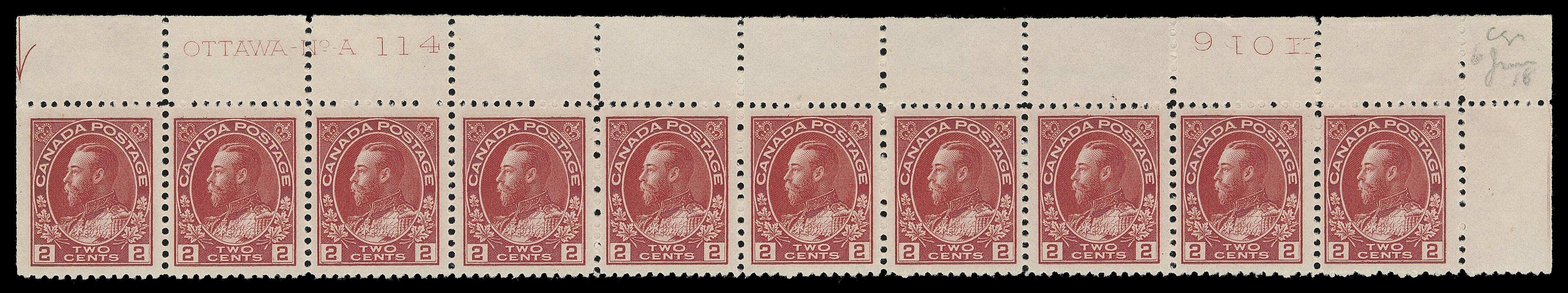 ADMIRAL STAMPS  106,Matching upper right Plate 113 & 114 strips of ten with post office fresh colour, quite well centered, hinged in ungummed portion of the selvedge only, full NH original gum, VF; each with pencil "6 Jun 18" date of acquisition. (Unitrade cat. $2,400)