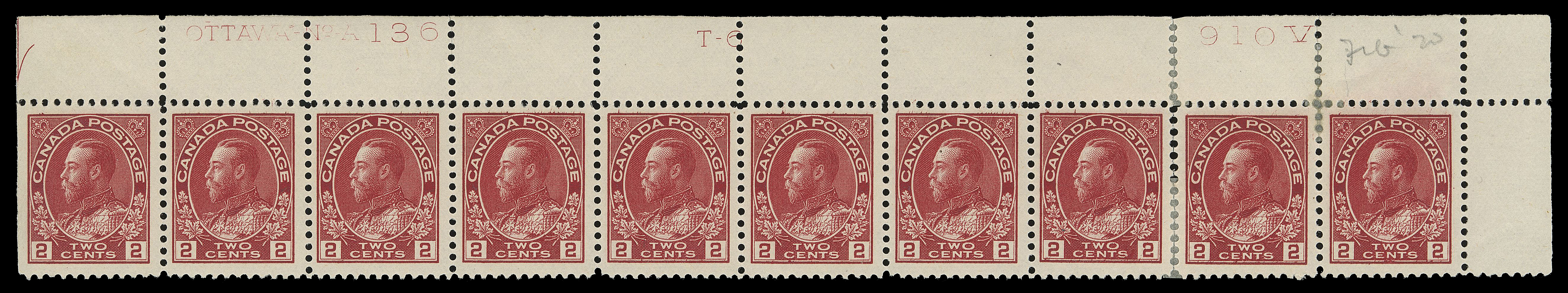 ADMIRAL STAMPS  106, 106iii,Three strips of ten with consecutive plate numbers, UL Plate 134 in dark shade, UR Plate 135, UR Plate 136, last two with split perfs supported by hinges between last two and three stamps respectively, other 25 stamps are NH, VF (Unitrade cat. $3,200)