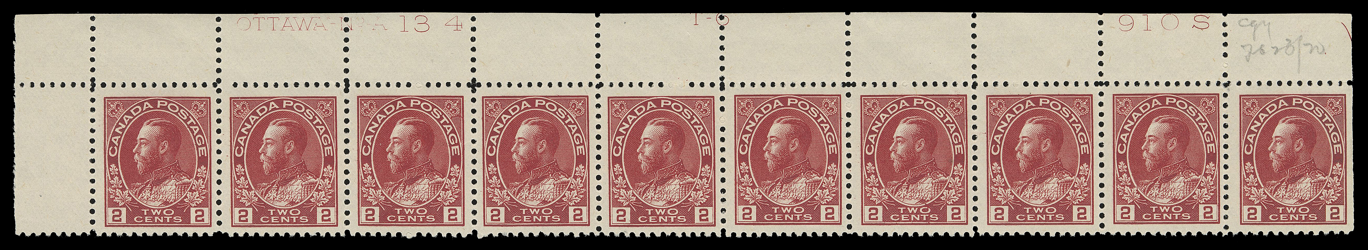 ADMIRAL STAMPS  106, 106iii,Three strips of ten with consecutive plate numbers, UL Plate 134 in dark shade, UR Plate 135, UR Plate 136, last two with split perfs supported by hinges between last two and three stamps respectively, other 25 stamps are NH, VF (Unitrade cat. $3,200)