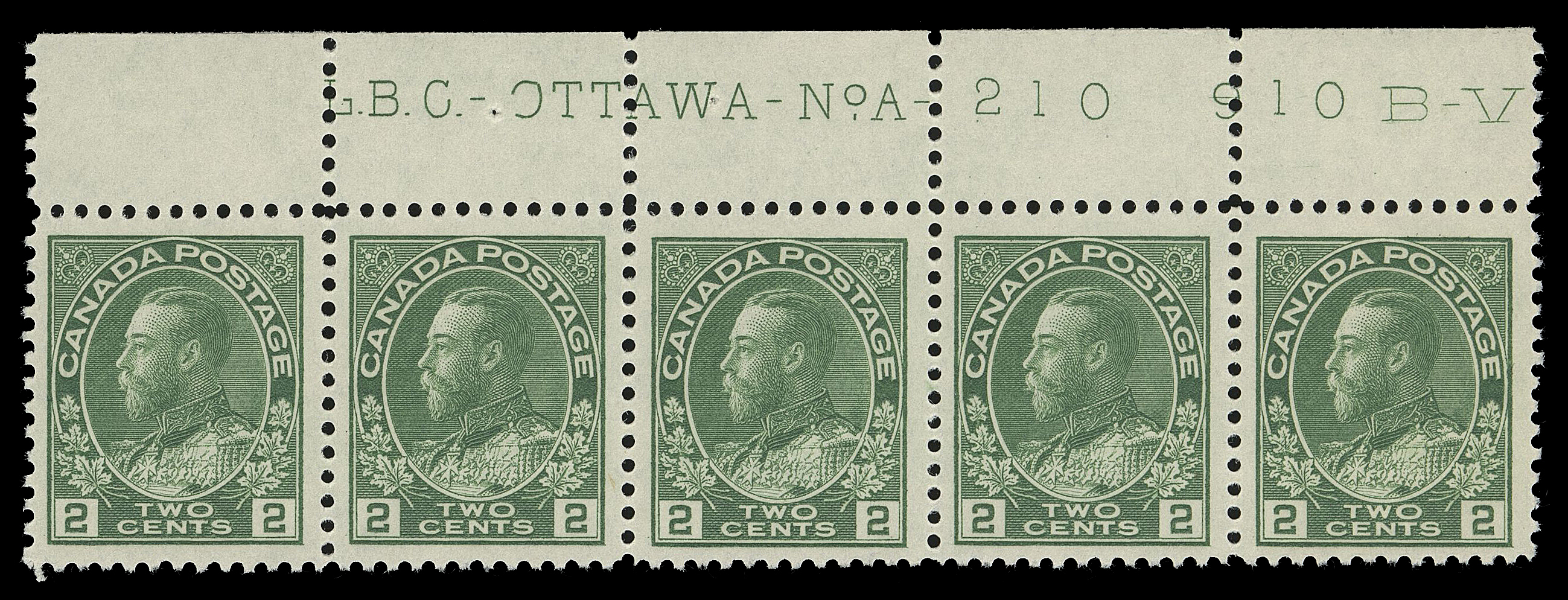 ADMIRAL STAMPS  107iv,A trio of consecutive plate number strips of five - UR Plate 209 with etched "P" at left of "L.B.C.", UL Plate 210 and UL Plate 211, fresh and F-VF NH (Unitrade cat. $1,155)