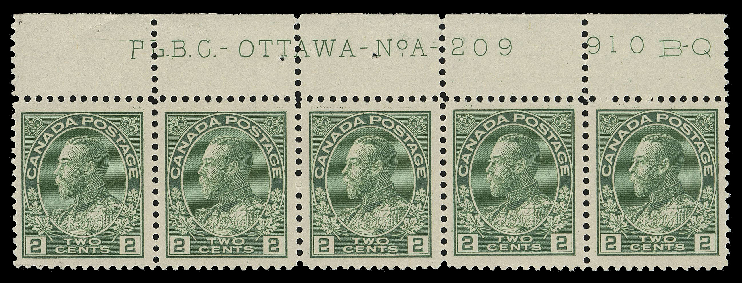 ADMIRAL STAMPS  107iv,A trio of consecutive plate number strips of five - UR Plate 209 with etched "P" at left of "L.B.C.", UL Plate 210 and UL Plate 211, fresh and F-VF NH (Unitrade cat. $1,155)