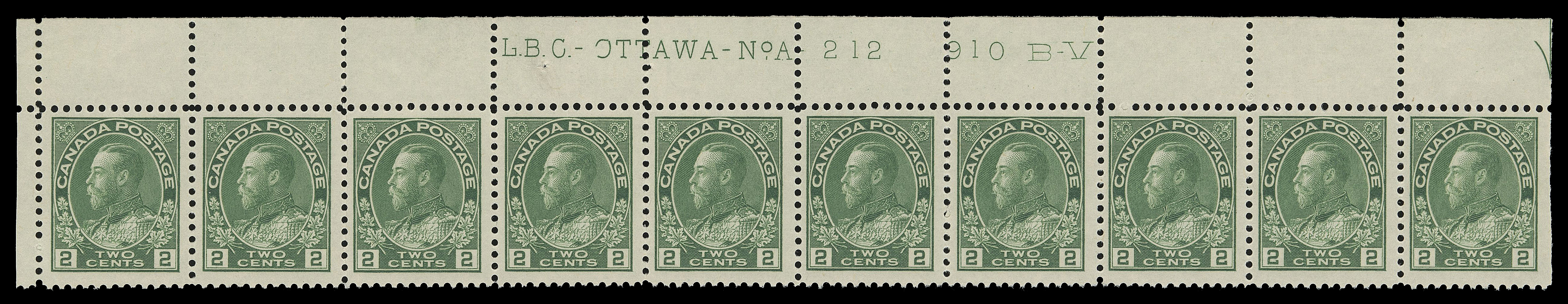 ADMIRAL STAMPS  107iv,A fresh upper left Plate 212 strip of ten, LH in selvedge leaving stamps VF NH (Unitrade cat. $900)