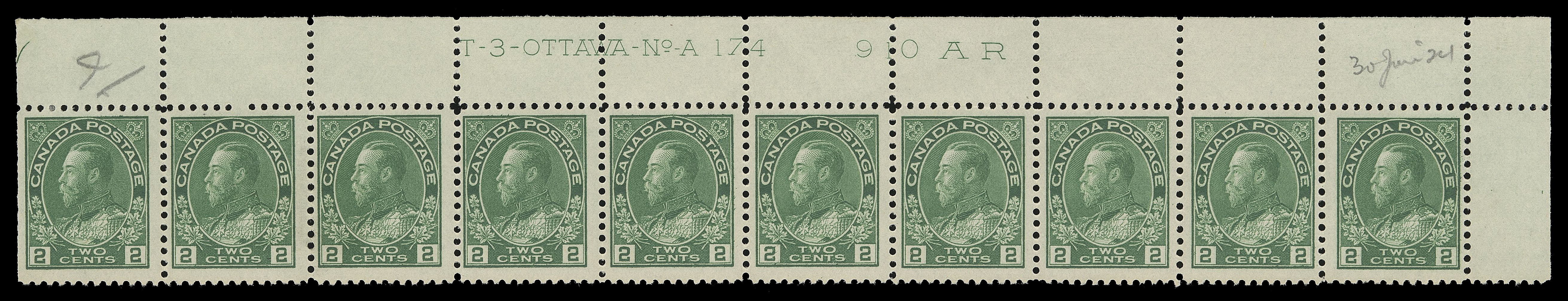 ADMIRAL STAMPS  107 shade,Matching upper right Plate 173 & 174 strips of ten, each reasonably centered with lovely bright colour, LH in selvedge just touching straight edged stamp, other nine stamps NH, F-VF; both penciled "30 Jan 