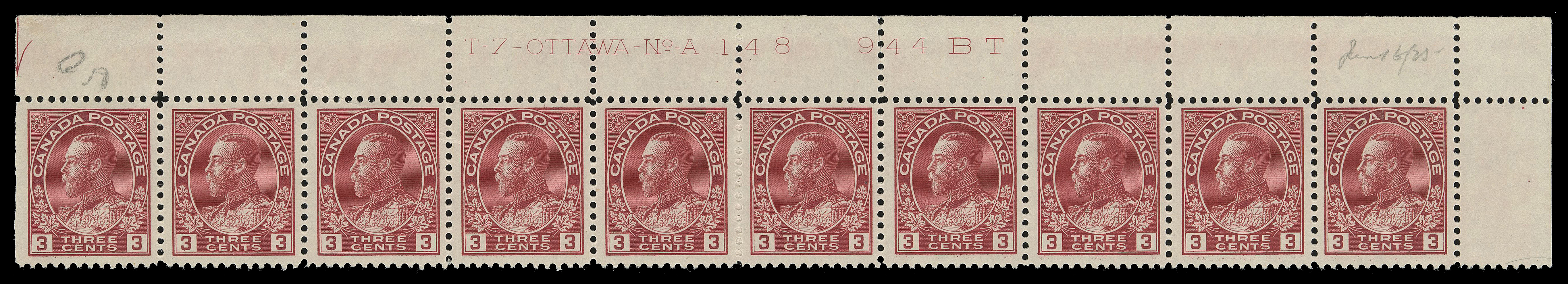 ADMIRAL STAMPS  109c,A fresh upper right Plate 148 strip of ten of the scarcer die, LH in selvedge leaving stamps VF NH; the only reported Plate 148 multiple per Glen Lundeen census on the BNAPS website. (Unitrade cat. $2,100+)