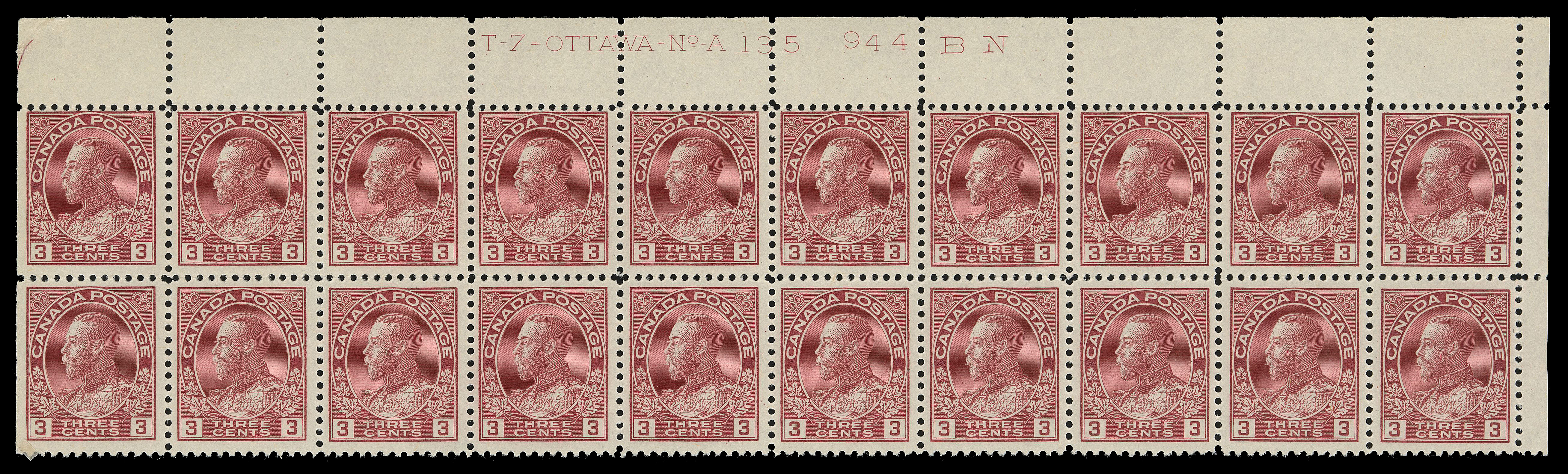 ADMIRAL STAMPS  109,A brilliant fresh, reasonably centered upper right Plate 135 strip of twenty, LH on second column stamps leaving eighteen NH, F-VF (Unitrade cat. $1,030)