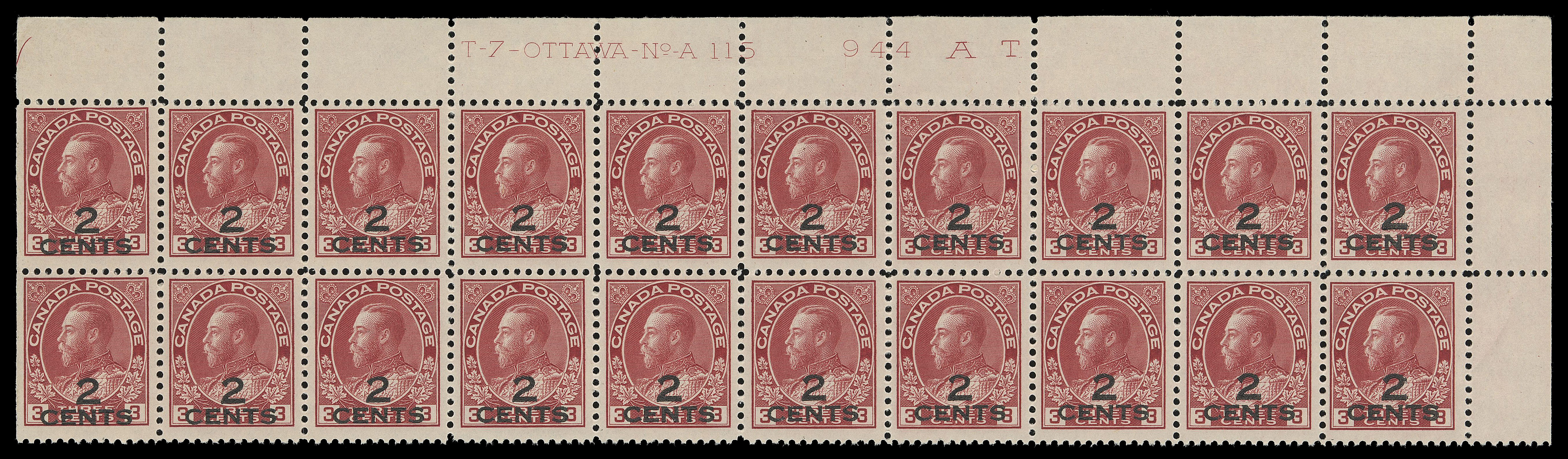 ADMIRAL STAMPS  140,A quite well centered and fresh upper right Plate 115 block of twenty, light gum crease on lower right stamp; one stamp has fingerprint on gum, otherwise F-VF NH (Unitrade cat. $1,485)