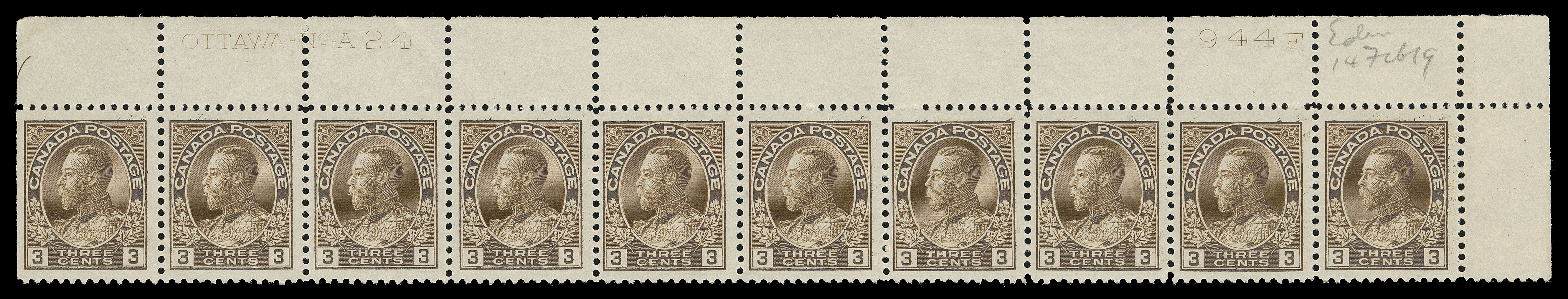 ADMIRAL STAMPS  108b,The scarcer shade in a well centered upper right Plate 24 strip of ten, LH in selvedge at top left and on straight edged stamp, other nine are VF NH; pencil "14 Feb 19" date of acquisition. (Unitrade cat. $1,820)