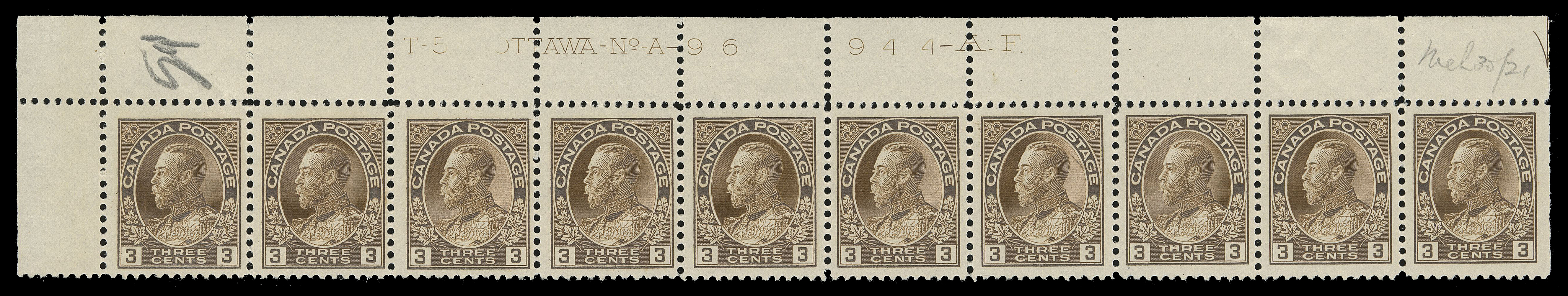 ADMIRAL STAMPS  108, 108ii,A very attractive trio of strips of ten with consecutive plate numbers, in distinctive shades - UL Plates 96 and UL 97 in brown and UR Plate 98 in dark brown with natural gum skip on straight edged stamp. All quite well centered, LH in margins, all stamps NH, VF; first two with penciled "Mch 30 / 21" and third "May 13 / 21" dates of acquisition. (Unitrade cat. $4,800)