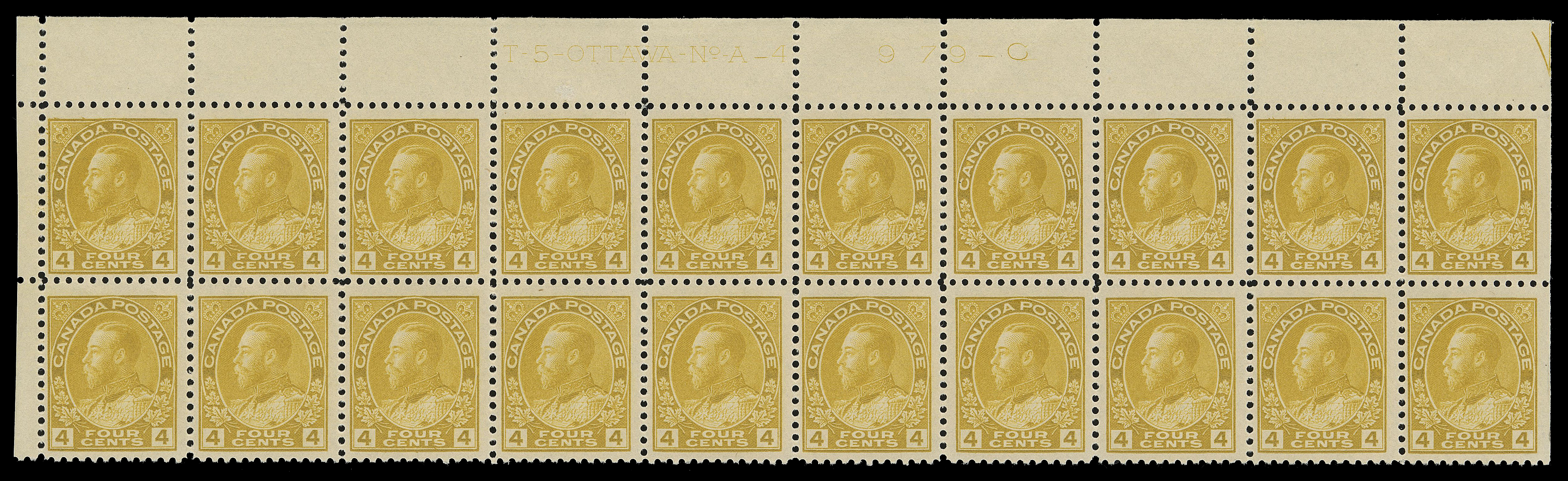ADMIRAL STAMPS  110b,An impressive upper left Plate 4 block of twenty with radiant colour, reasonably centered, straight edged stamps LH leaving eighteen with pristine NH original gum. An exceptionally fresh plate block, rare and the largest recorded four cent Plate 4 multiple in the Glen Lundeen census on the BNAPS website, F-VF (Unitrade cat. $3,370)

Provenance: C.M. Jephcott, Maresch Sale 241, June 1990; Lot 776