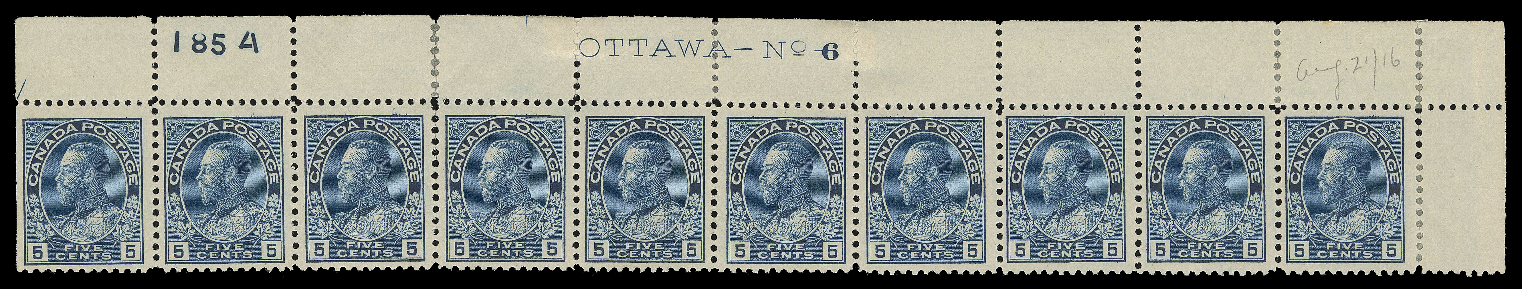 ADMIRAL STAMPS  111,An attractive, very scarce upper right Plate 6 strip of ten with boldly etched printing order number "185A" at left; partly severed between third and fourth columns, minor perf separation in selvedge supported by hinges, right pair LH, other eight NH; pencil "Aug 21 /16" date of acquisition, F-VF (Unitrade cat. $4,530)

Provenance: George Marler, Maresch Sale 143, September 1982; Lot 343