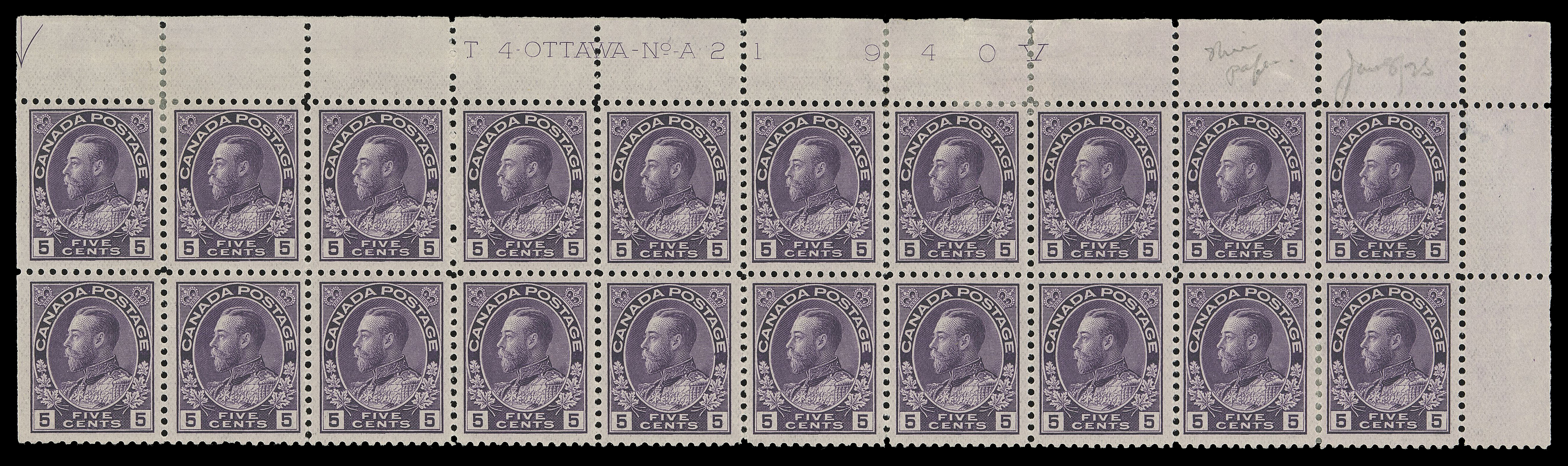 ADMIRAL STAMPS  112a,A bright upper right Plate 21 block of twenty on the distinctive strong vertical mesh thin wove paper, well centered; some marginal perf separation supported by hinges, small thin in right margin, thirteen stamps are NH; a seldom encountered intact plate strip, fresh and VF (Unitrade cat $2,300)
