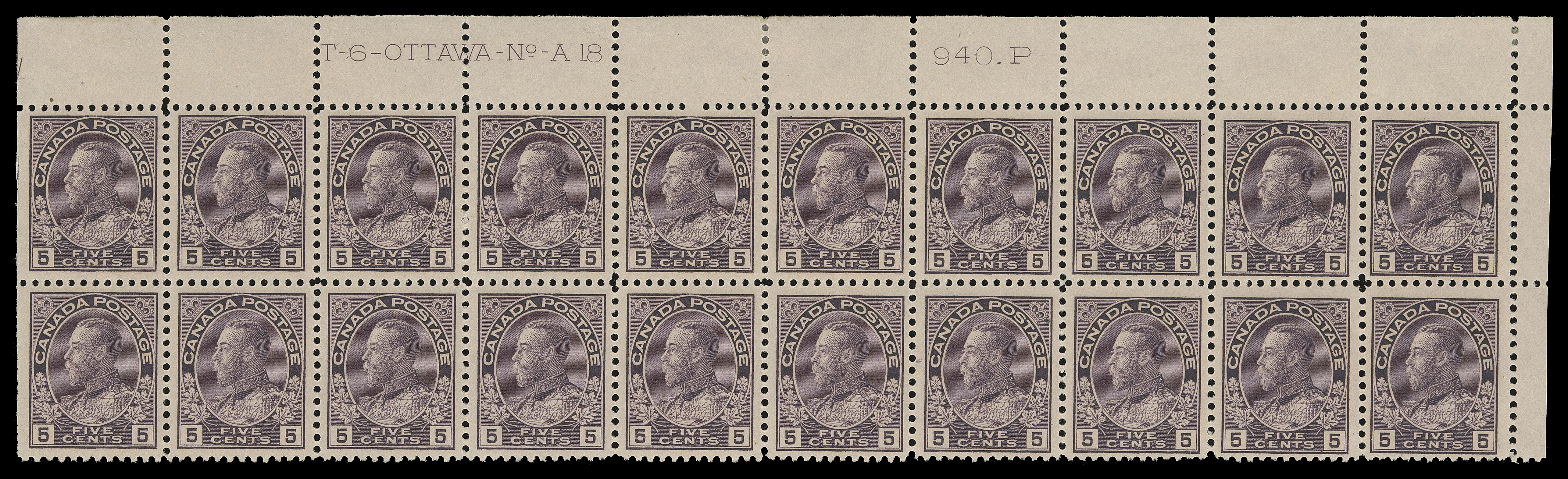 ADMIRAL STAMPS  112ii,A remarkably fresh Plate 18 block of twenty from the upper right pane position, fabulous colour, quite well centered, light natural gum skips along fifth and seventh columns, LH in selvedge and trace of hinging on top left straight edged stamp, nineteen stamps with full NH original gum, VF (Unitrade cat. $3,480)