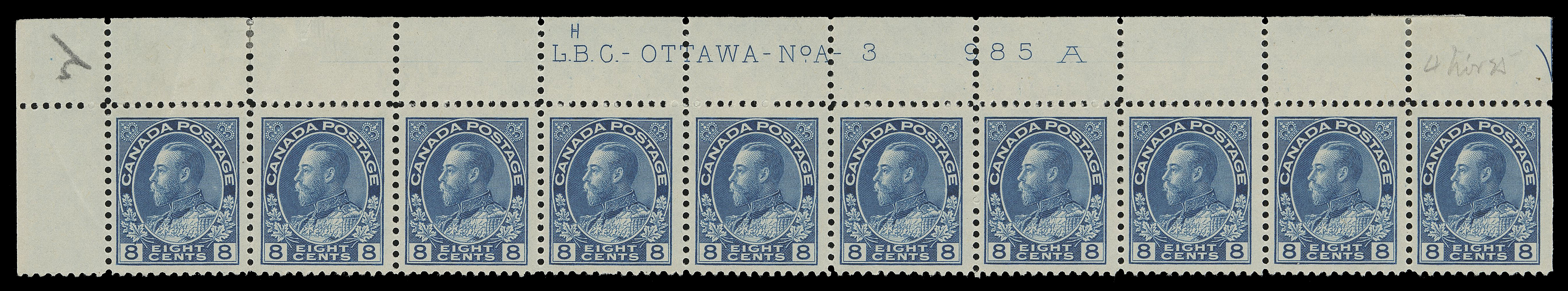 ADMIRAL STAMPS  115,Upper left Plate 3 strip of ten with engraver