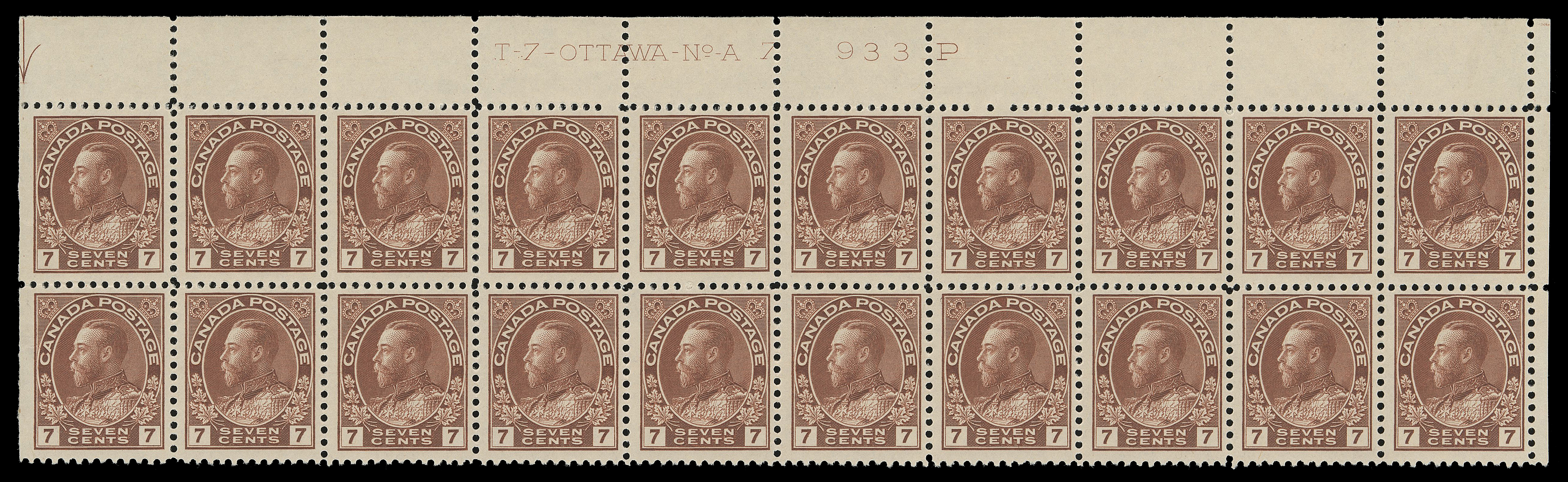 ADMIRAL STAMPS  114,Upper right Plate 7 block of twenty with bright fresh colour, reasonably centered, LH on straight edge stamps at left an upper right stamp, leaving seventeen NH, F-VF and scarce (Unitrade cat. $1,165)