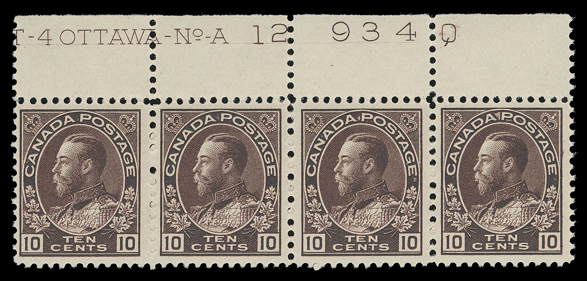 ADMIRAL STAMPS  116,A post office fresh Plate 12 strip of four, deep rich colour, reasonably centered with full original gum; appealing and scarce, F-VF NH (Unitrade cat. $2,880)