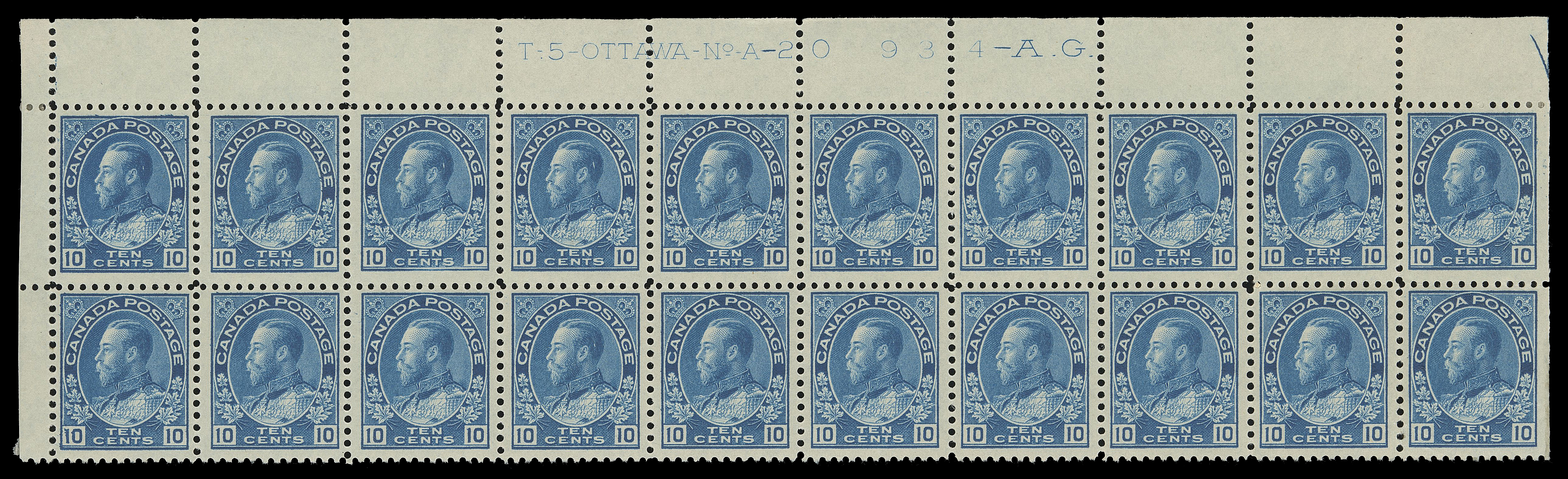 ADMIRAL STAMPS  117,An exceptionally fresh upper left Plate 20 block of twenty, nicely centered with radiant colour; natural gum inclusion on position 18, hinged at end, leaving sixteen stamps NH. A rarely seen intact plate multiple; by far the largest reported in the Glen Lundeen census on the BNAPS website, other two known multiples are a strip of four and a block of six, VF (Unitrade cat. $4,680)

Provenance: C.M. Jephcott, Maresch Sale 241, June 1990; Lot 870
