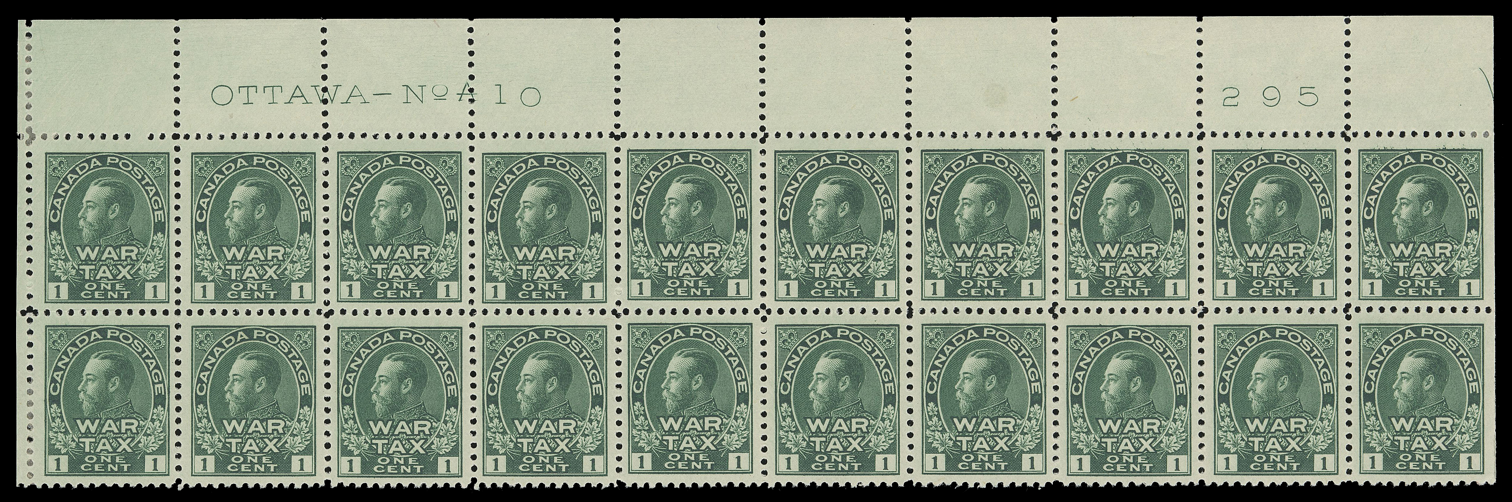 ADMIRAL STAMPS  MR1,Upper left Plate 10 block of twenty, printing order number "295" at right, hinged on end columns and position 4; inclusion spot in margin above position 7, fifteen stamps NH, VF and very scarce (Unitrade cat. $2,000)