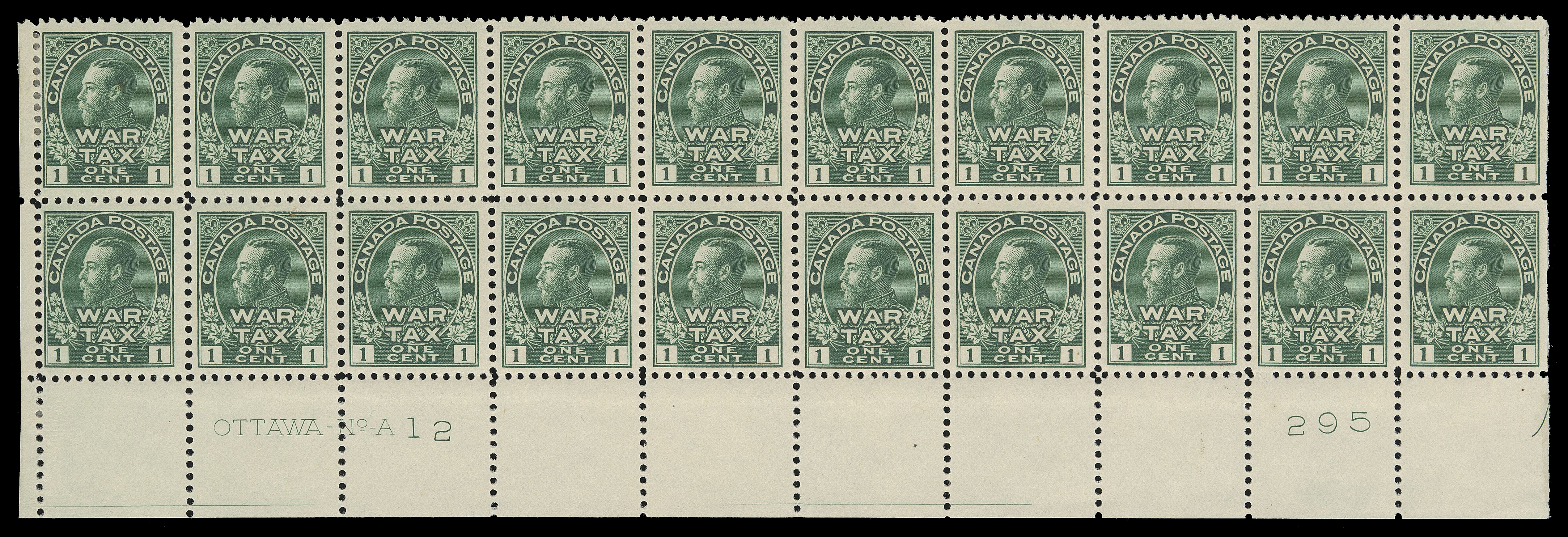 ADMIRAL STAMPS  MR1,Lower left Plate 12 block of twenty, printing order number "295" at right, hinged on upper corner stamps leaving eighteen NH, F-VF (Unitrade cat. $1,310)