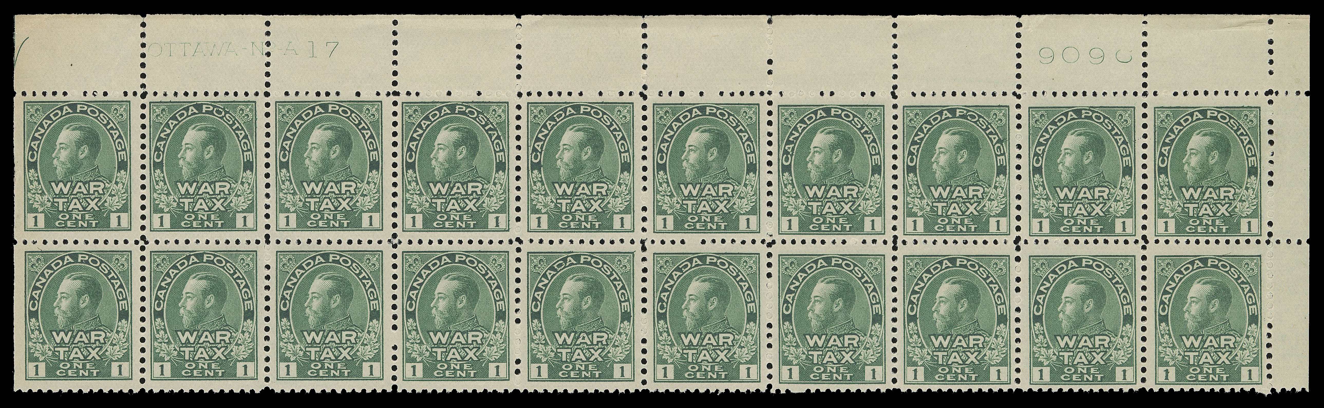 ADMIRAL STAMPS  MR1,Upper right Plate 17 block of twenty, printing order number "909C" at right, bright shade, minor perf separation and faint edge wrinkling in selvedge only, nicely centered, VF NH (Unitrade cat. $2,400)