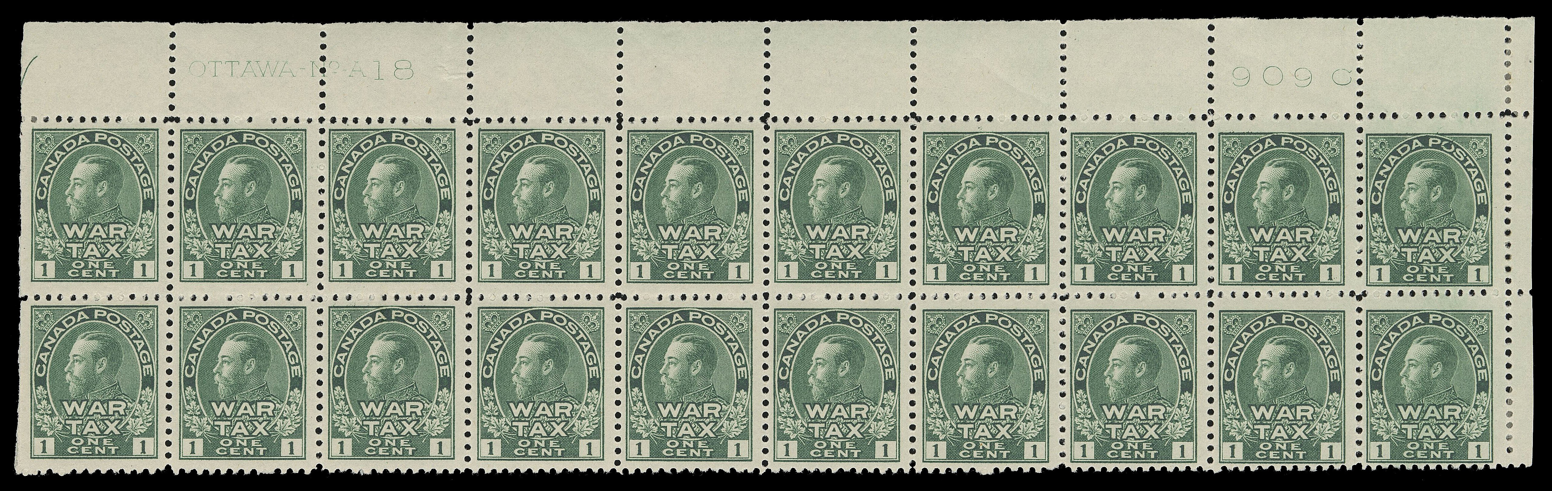 ADMIRAL STAMPS  MR1,Upper right Plate 18 block of twenty with printing order number "909C" at right, hinged on end columns leaving sixteen stamps NH, fresh and F-VF; very scarce (Unitrade cat. $1,220)