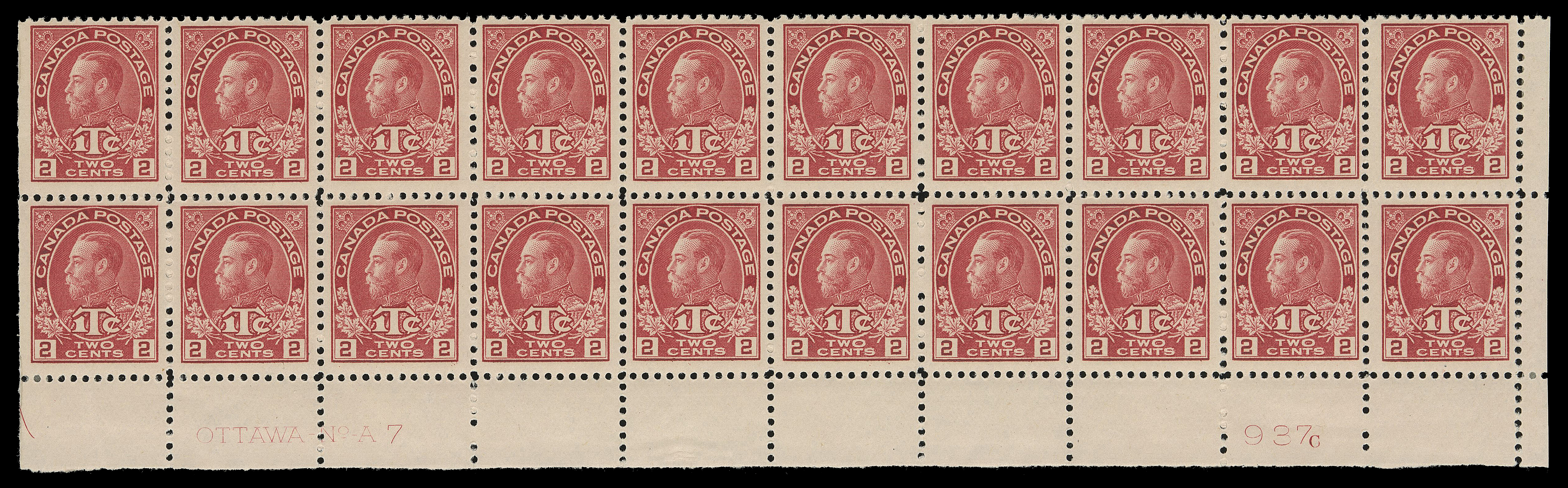 ADMIRAL STAMPS  MR3,Lower right Plate 7 block of twenty with printing order number "937C" at right, in a lovely bright shade, hinged on end columns leaving sixteen stamps NH, F-VF and very scarce. (Unitrade cat. $1,830)