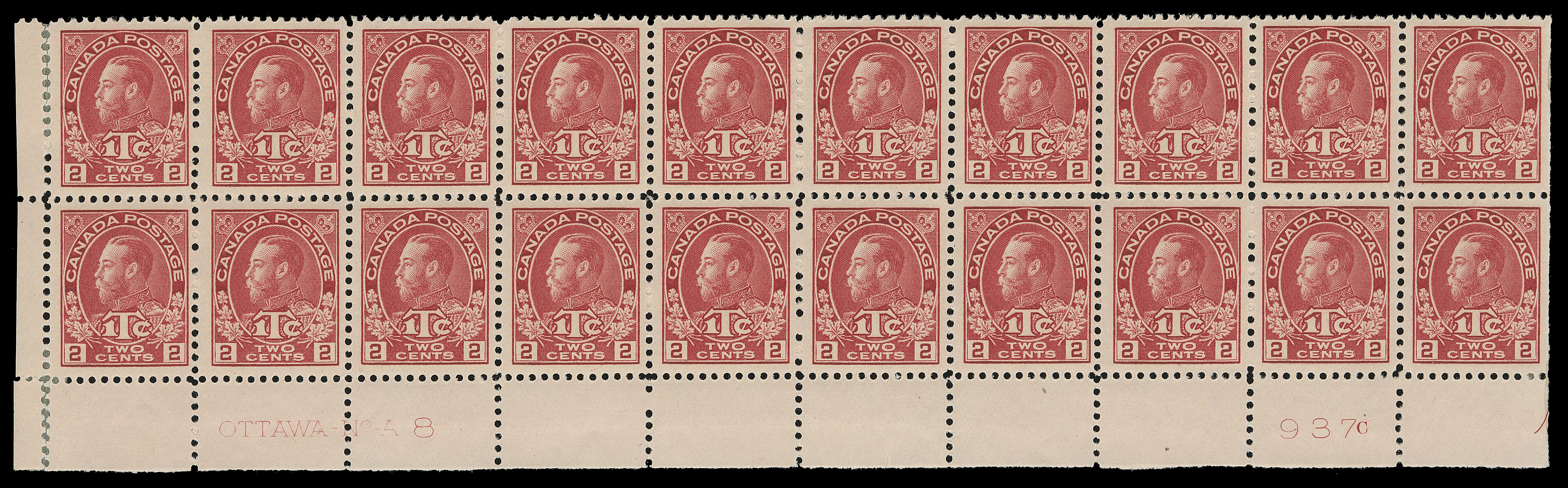 ADMIRAL STAMPS  MR3,Lower left Plate 8 block of twenty with printing order number "937C" at right, printed in an appealing bright shade and well centered; lower left corner selvedge severed and hinge supported, hinged on end columns leaving sixteen NH, VF and very scarce. (Unitrade cat. $3,120)