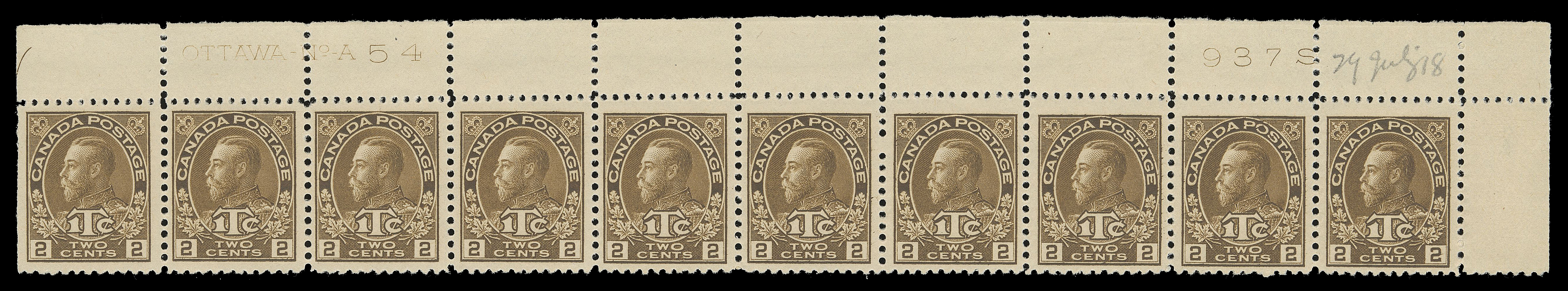 ADMIRAL STAMPS  MR4,Upper right Plate 54 strip of ten, well centered with rich colour, hinged on straight edge stamp and right selvedge, natural gum skip on third stamp, nine stamps NH, VF (Unitrade cat. $1,120)