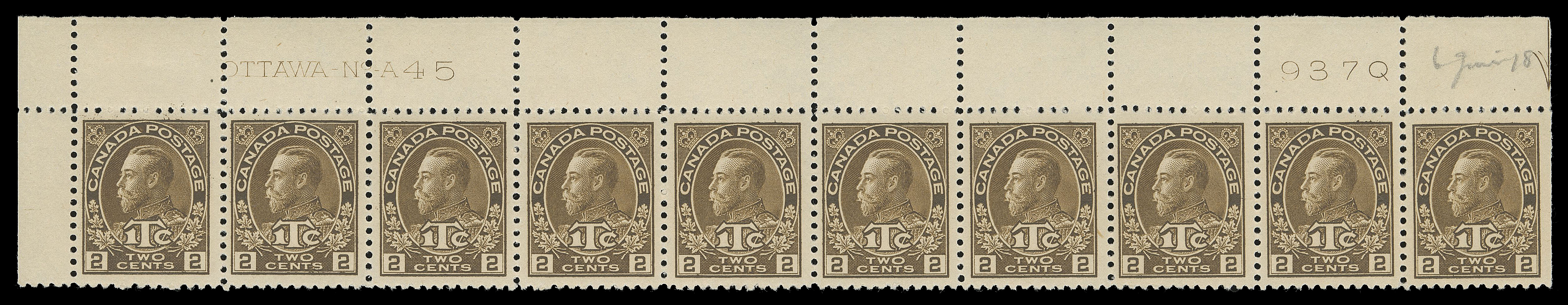 ADMIRAL STAMPS  MR4,A choice, well centered upper left Plate 45 strip of ten with printing order "937Q" at right, hinged in selvedge and on straight edged stamp, natural gum skip on fifth stamp, nine stamps NH, VF (Unitrade cat. $1,120)