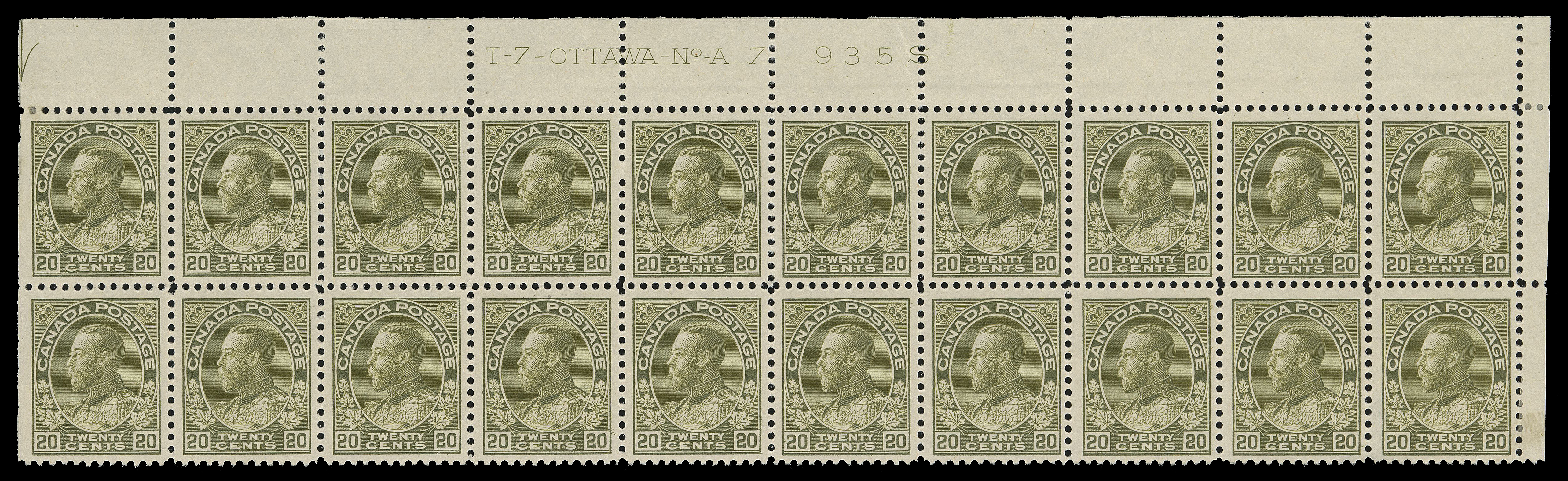 ADMIRAL STAMPS  119c,An impressive upper right Plate 7 block of twenty in a shade closely resembling (if not) sage green, hinged on end columns, thinning on bottom right pair, otherwise very well centered for such a large plate multiple, fifteen stamps with full immaculate original gum and NH. Quite possibly the largest surviving Plate 7 block, VF (Unitrade cat. $10,000)

Provenance: C.M. Jephcott, Maresch Sale 241, June 1990; Lot 902
