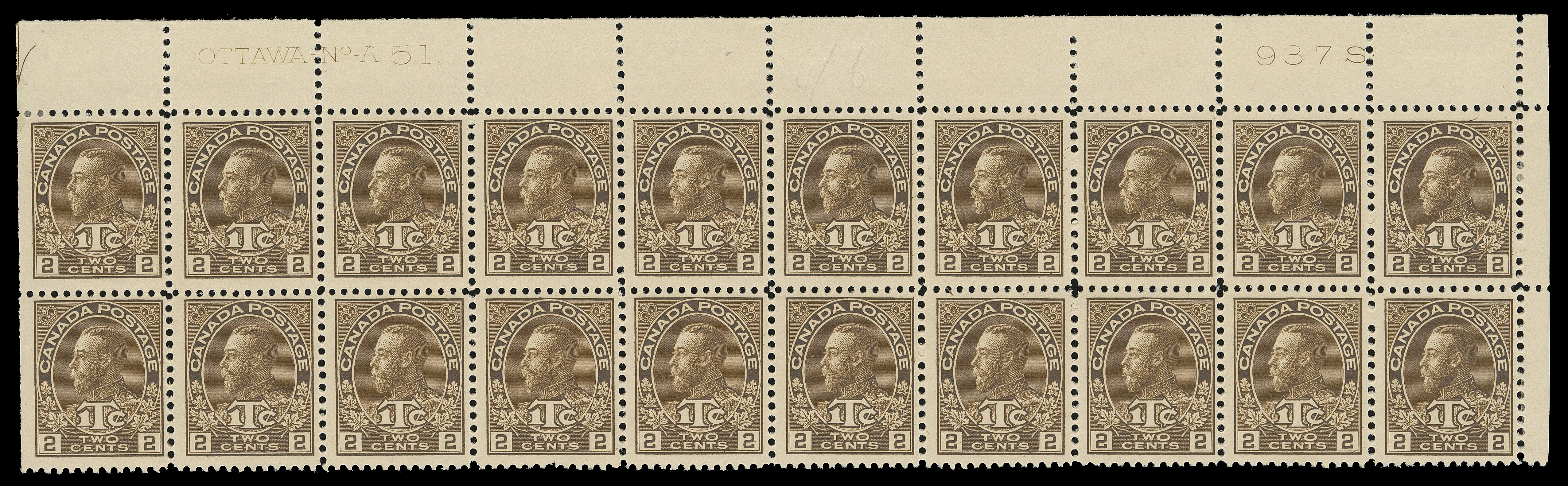 ADMIRAL STAMPS  MR4 shades,An attractive quartet of consecutive plate blocks of twenty in three distinctive shades of brown - UL Plate 49 in dark brown (small hinge thin on upper left stamp), UL Plate 50 in dark yellowish brown, UR Plates 51 & 52 in a rich brown shade; latter strip partly severed between first and second columns and hinge supported, well centered; all blocks hinged in end columns leaving fifteen or sixteen stamps NH, F-VF; an outstanding and very rare group, each being the only reported multiple of any size for their respective plate numbers per the Glen Lundeen census. (Unitrade cat. $5,660)