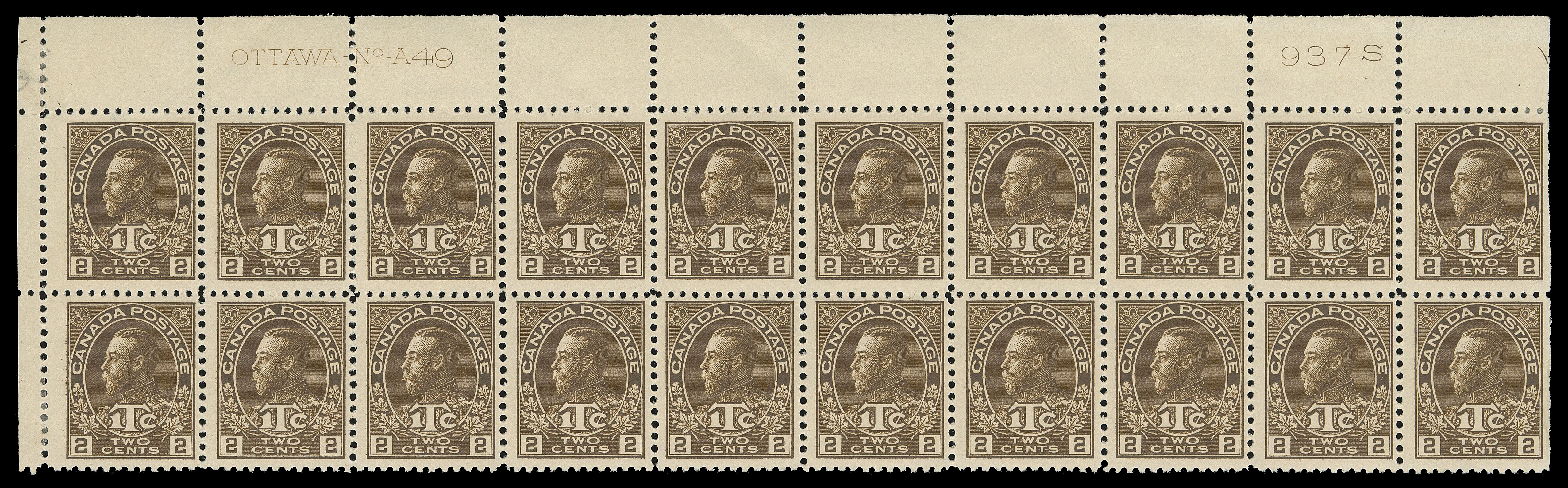 ADMIRAL STAMPS  MR4 shades,An attractive quartet of consecutive plate blocks of twenty in three distinctive shades of brown - UL Plate 49 in dark brown (small hinge thin on upper left stamp), UL Plate 50 in dark yellowish brown, UR Plates 51 & 52 in a rich brown shade; latter strip partly severed between first and second columns and hinge supported, well centered; all blocks hinged in end columns leaving fifteen or sixteen stamps NH, F-VF; an outstanding and very rare group, each being the only reported multiple of any size for their respective plate numbers per the Glen Lundeen census. (Unitrade cat. $5,660)