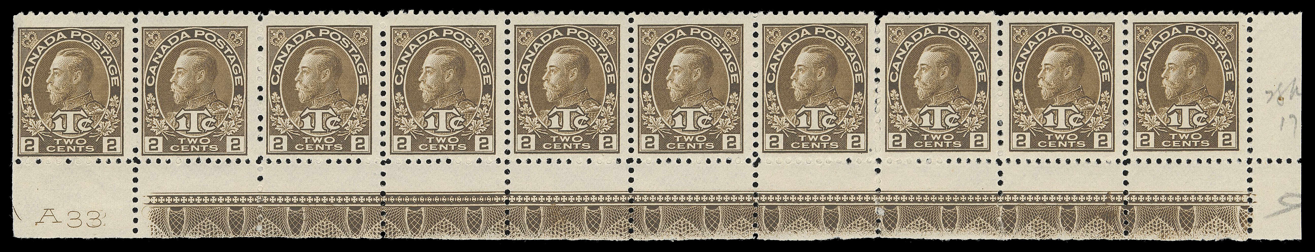 ADMIRAL STAMPS  MR4,A strip of ten from lower right corner of the sheet, natural straight edge, "A33 / 937N" below Position 91 and strong, full Type A lathework on others, the imprint "OTTAWA No A33" and printing order "937M" are visible under the lathework at Positions 92, 93 and 99, also prominent DOUBLE lathework (19mm wide) below Position 94; small hinge thin on straight edged stamp, the nine lathework stamps and varieties are NH, F-VF (Unitrade cat. $3,960)