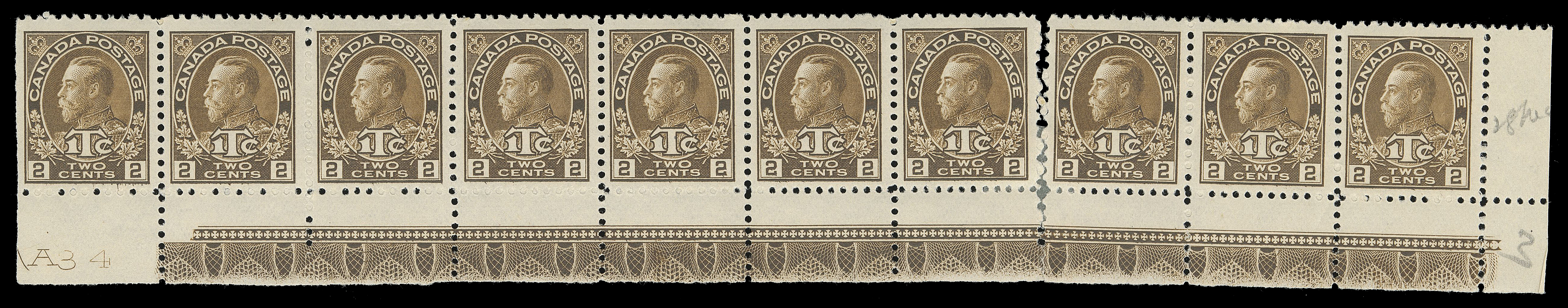 ADMIRAL STAMPS  MR4,A well centered lower right strip of ten, plate "A34" imprint below Position 91 and strong, full Type A lathework on others, the imprint "OTTAWA No A34" and printing order "937M" are visible under the lathework at Positions 92, 93 and 99; also prominent DOUBLE lathework (8mm wide) below Position 98. Perfs severed between seventh & eighth stamps supported by a hinge, straight edge stamp LH with extraneous ink mark on gum side at top; seven lathework stamps are choice NH, VF (Unitrade cat. $5,200)