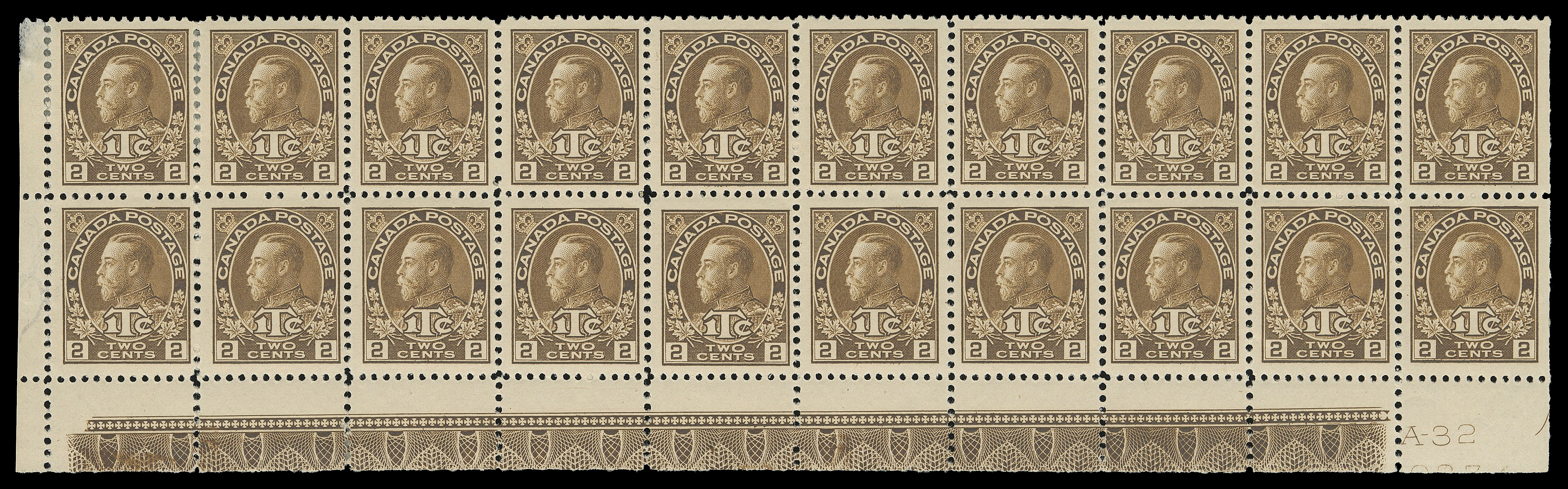 ADMIRAL STAMPS  MR4,A nicely centered lower left block of twenty, plate "A32" and portion of printing order number below Position 100 and strong, full Type A lathework on others, the imprint "OTTAWA No 32" and printing order number "937M" are visible under the lathework at Positions 92, 93, 99; hinged on top left pair, both straight edged stamps and in margin, minor perf separation at top left, sixteen stamps are NH, VF, a rarely seen intact lathework block. (Unitrade cat. $7,500) 