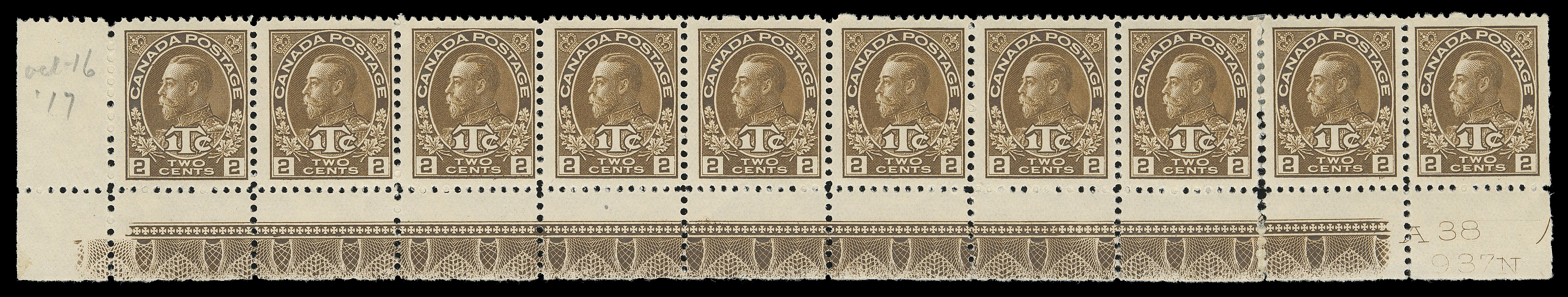ADMIRAL STAMPS  MR4,A fresh mint lower left strip of ten, plate "A38" and printing order number "937N" below Position 100 and strong, full Type A lathework on others, small area of DOUBLE lathework (4mm wide) below Position 97. Perfs severed between eighth & ninth stamps supported by a hinge, end stamps hinged, six lathework stamps are NH, F-VF; pencilled "Oct 16 