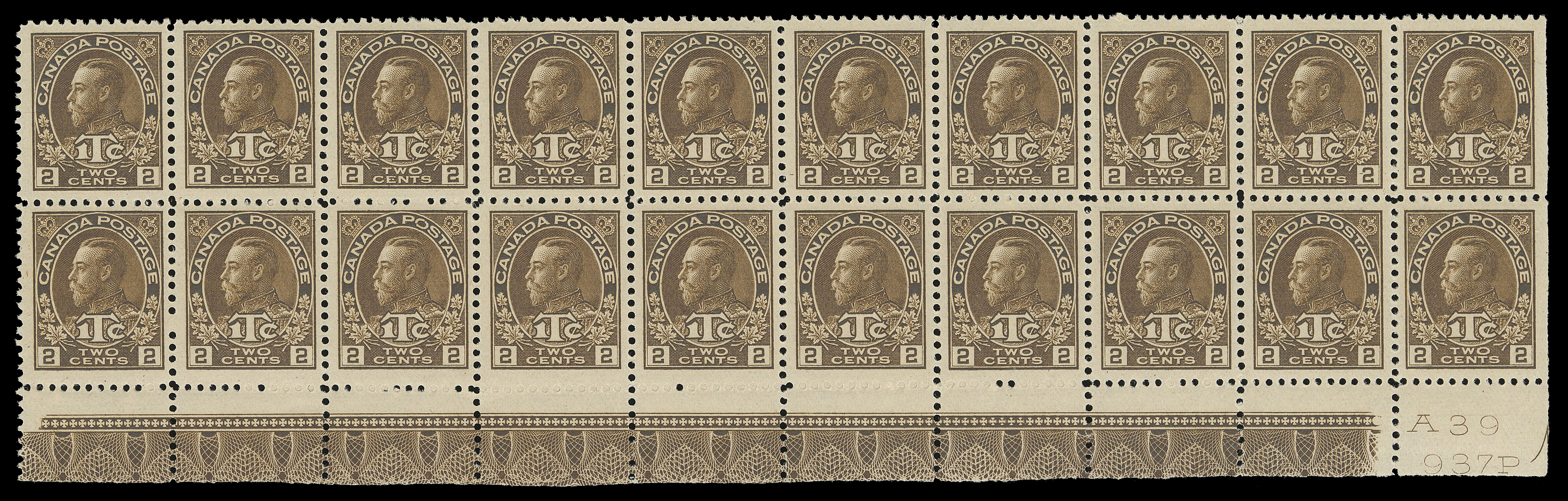 ADMIRAL STAMPS  MR4 shade,An impressive lathework plate imprint block from lower left corner of the sheet, no selvedge at left, in a noticeably dark rich shade, fresh and well centered, showing plate "A39" and printing order number "937P" below Position 100 and a strong, full Type A lathework on others, DOUBLE lathework (17mm wide) visible below Positions 96 & 97, hinged on lower corner stamps leaving eighteen NH, VF (Unitrade cat. $5,660)