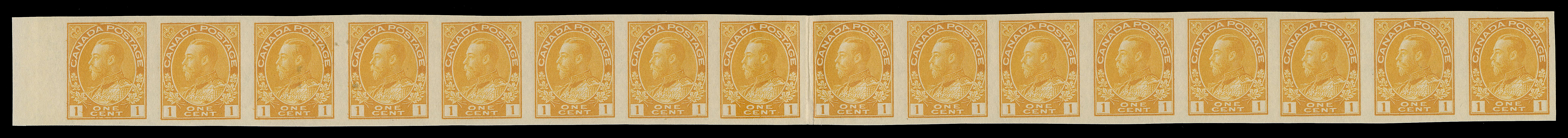 ADMIRAL STAMPS  136, 137,Two spectacular unsevered interpanneau strips of sixteen stamps each, straddling stamps from both the left and right panes, 1c folded vertically between eighth and ninth stamps, hinged on  four, couple stamps with tiny stain spots; 2c strip folded  vertically between fourth and fifth stamps, hinged on three. Very rare interpanneau multiples - the sheets of 400 were guillotined into panes of 100. These strips are among the very  few that escaped the cutting blade, VF