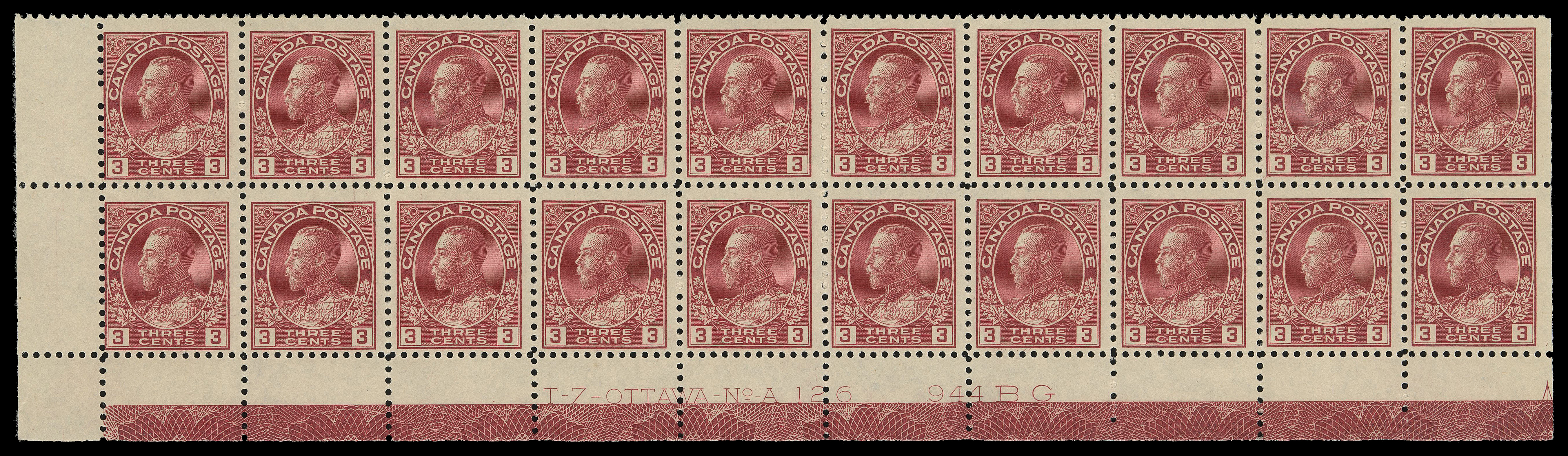 ADMIRAL STAMPS  109,Lower left Plate 126 block of twenty with plate imprint and full strength Type D lathework, six stamps in lower row NH, a very scarce intact block, F-VF LH (Unitrade cat. $970)