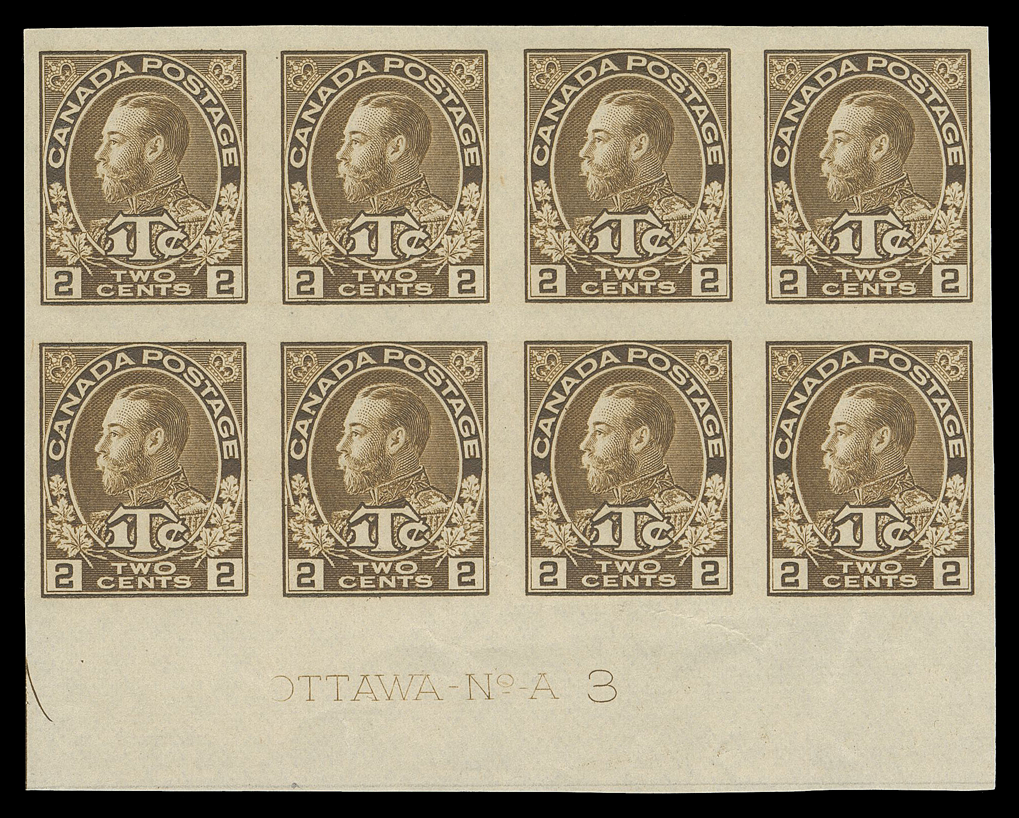 ADMIRAL STAMPS  MR4b,Lower left corner margin imperforate block of eight with complete Plate 3 imprint, portion of guide arrow visible at left; couple minor wrinkles mainly confined to selvedge; a rare imperforate plate block, VF

Provenance: C.M. Jephcott (private sale circa. 1980s)

The 2c+1c brown War Tax stamps from Plate 3 and 4 were never issued as regular perforated stamps; these plates were designated for the coil stamps.