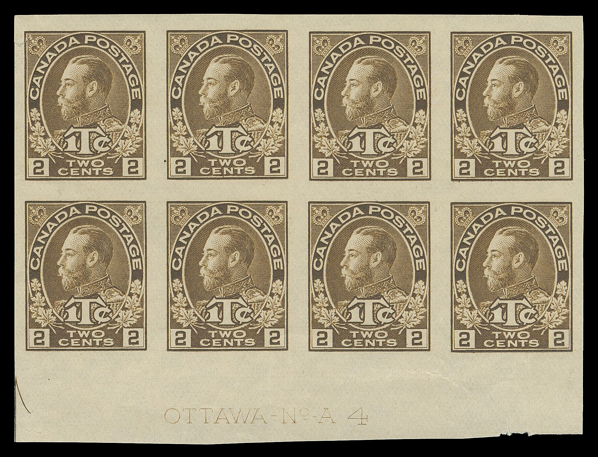 ADMIRAL STAMPS  MR4b,Lower left corner margin imperforate block of eight with complete Plate 4 imprint, part of guide arrow visible at left; minute wrinkle in selvedge; a rare imperforate plate block, VF

Provenance: C.M. Jephcott (private sale circa. 1980s)