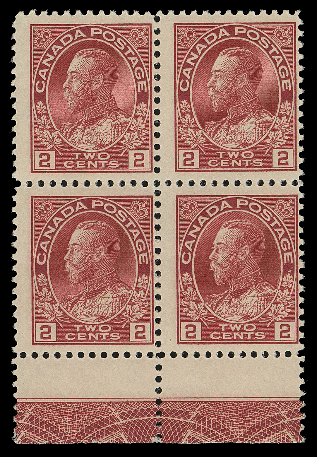 ADMIRAL STAMPS  106,A remarkable block displaying complete, full strength Type C INVERTED lathework, superb bright fresh colour, the key lathework pair and sheet margin with full immaculate original gum, never hinged. A very rare multiple and in excellent state of preservation, Fine LH (Unitrade cat. as two NH singles)