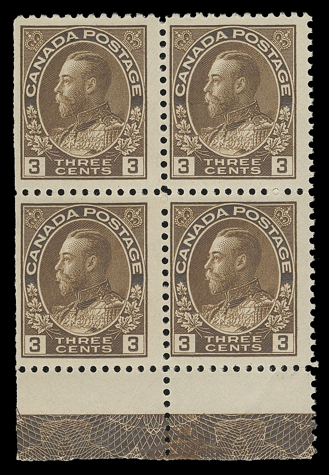 ADMIRAL STAMPS  108,Two post office fresh mint blocks with remarkably strong, complete Type D upright and inverted lathework, latter with natural straight edge at left, both with full pristine original gum, Fine NH