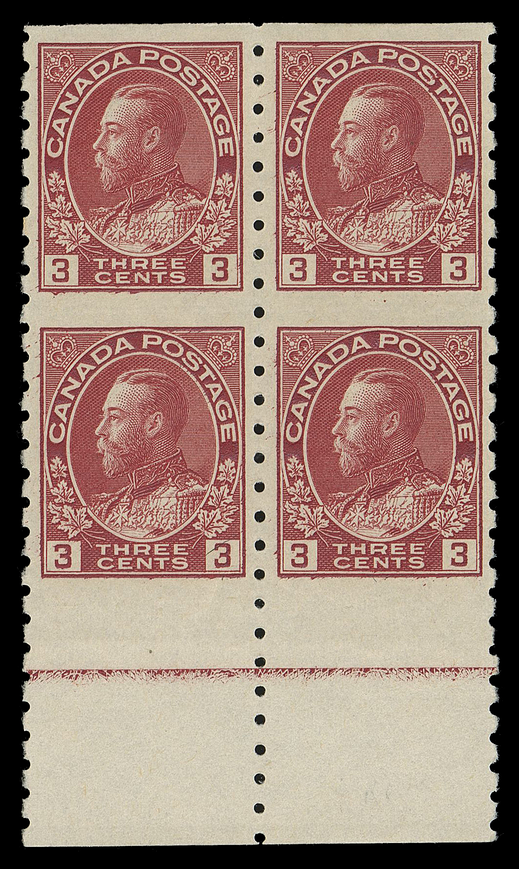 ADMIRAL STAMPS  130a,Post office fresh block, imperforate horizontally, with superior centering and intact perforations, characteristic deep colour, showing usual strength Type D lathework. Much nicer than normally encountered, XF LH