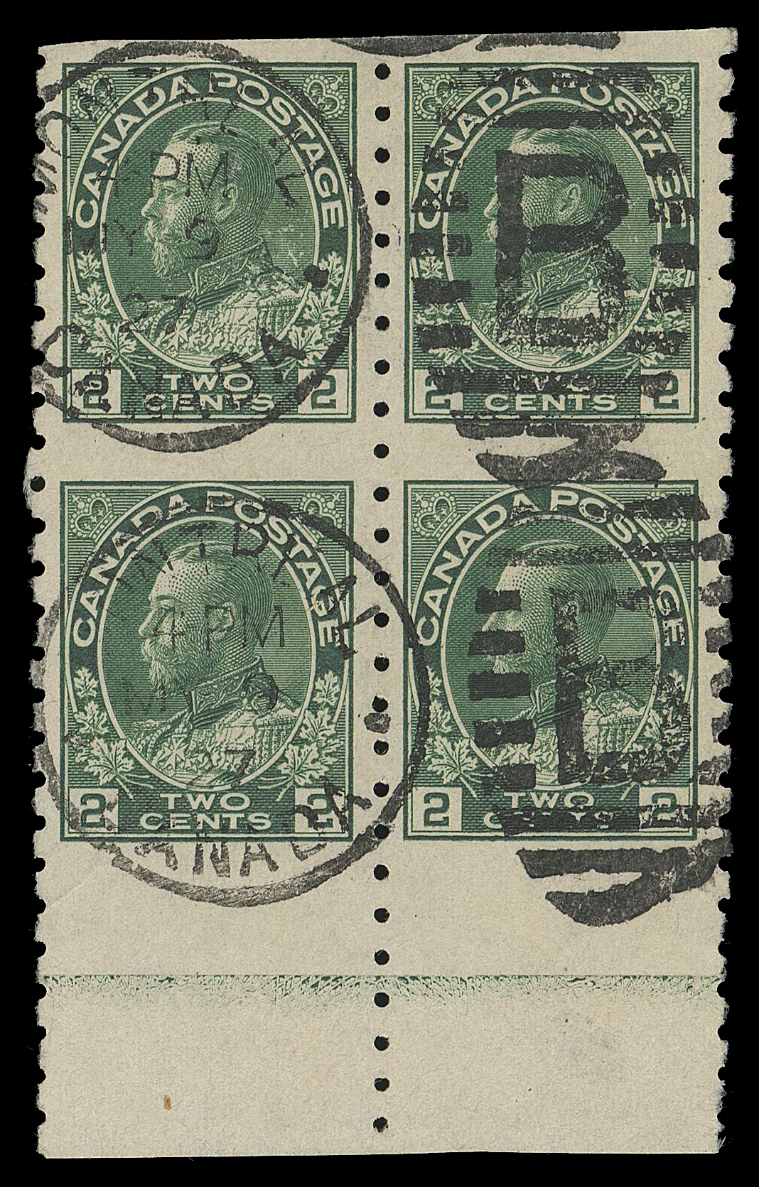 ADMIRAL STAMPS  128ai,Well centered used block imperforate horizontally, couple negligible nibbed perfs at lower right, displaying normal strength Type D lathework, neatly postmarked with Montreal MY 9 27 "B" duplex, very scarce, VF+