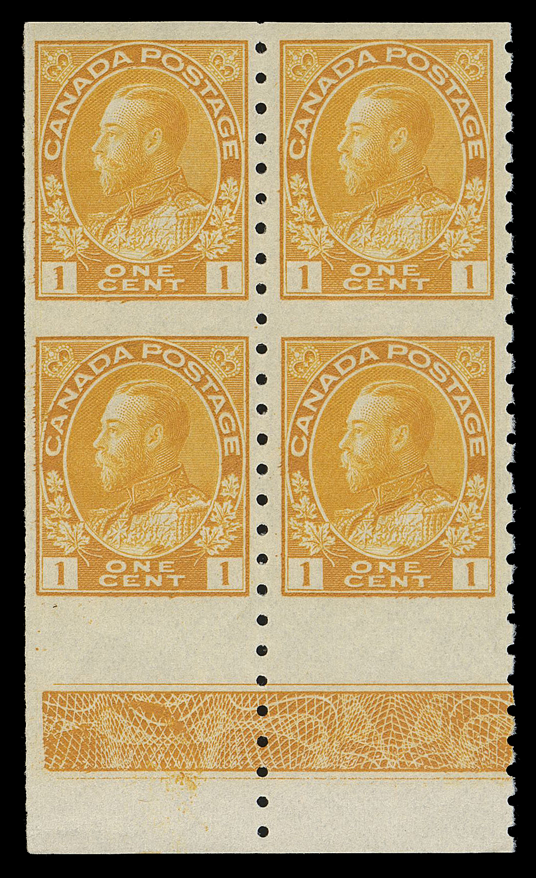 ADMIRAL STAMPS  126c,Very well centered block imperforate horizontally, from the lower left position with natural straight edge at left, displaying full strength Type B lathework, LH at top left, right pair is NH, XF (Unitrade cat. for right pair only)