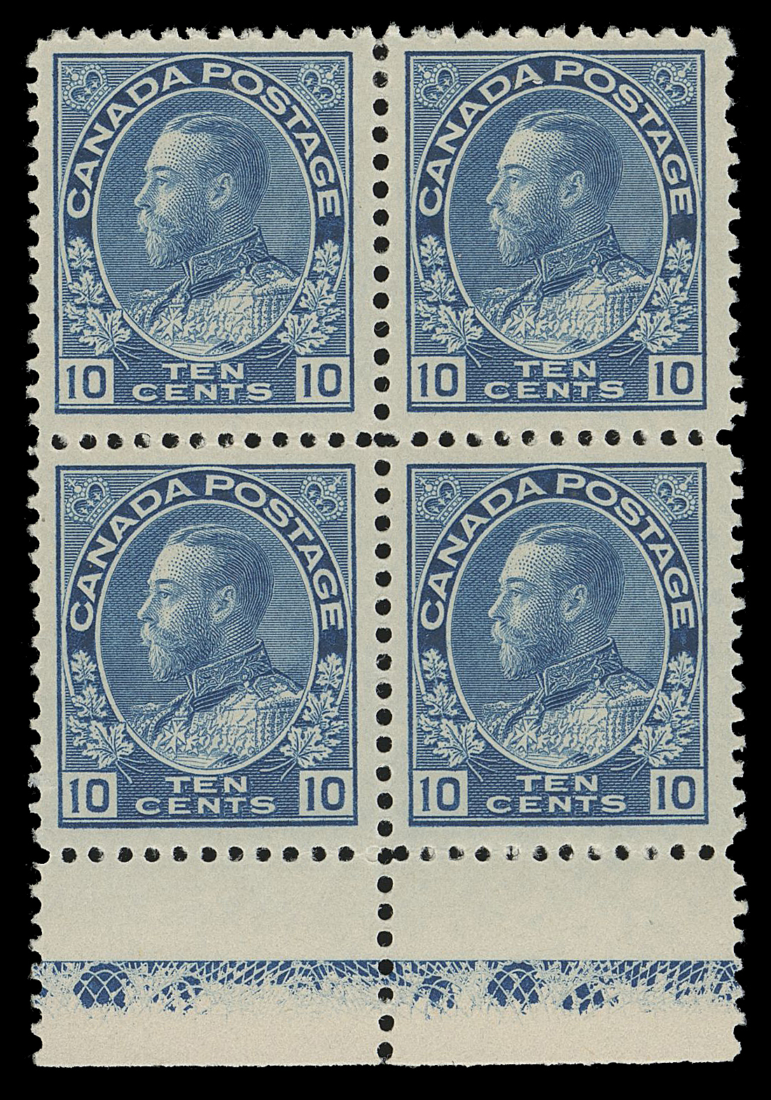 ADMIRAL STAMPS  117a,A superbly centered mint block showing Type D lathework of usual 40% strength, the lower pair with lathework margin is NH. An attractive block in superior condition, XF LH (Unitrade cat. as two NH lathework singles)