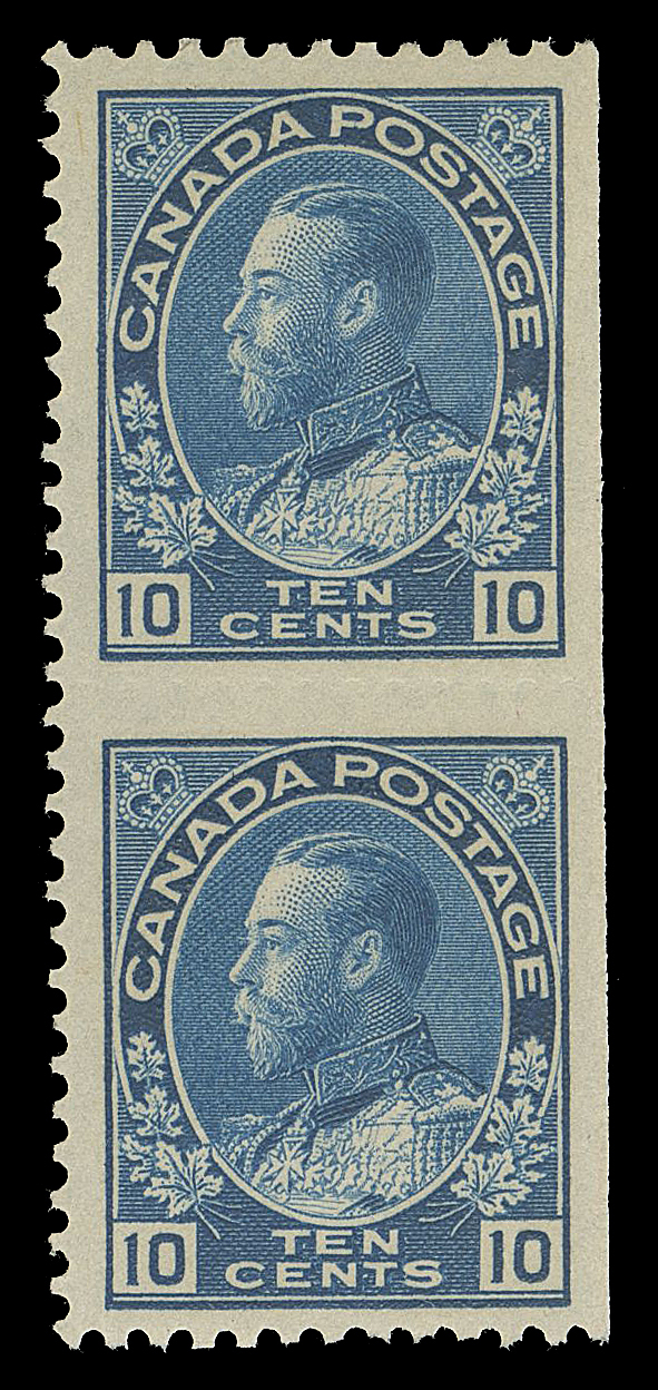 ADMIRAL STAMPS  117 variety,A remarkable mint vertical pair with natural straight edge at right, appears imperforate between and shows only the faintest trace of blind perfs under magnification. The only instance we recall seeing such a perforation variety on the ten cent blue; a striking item, VF LH
