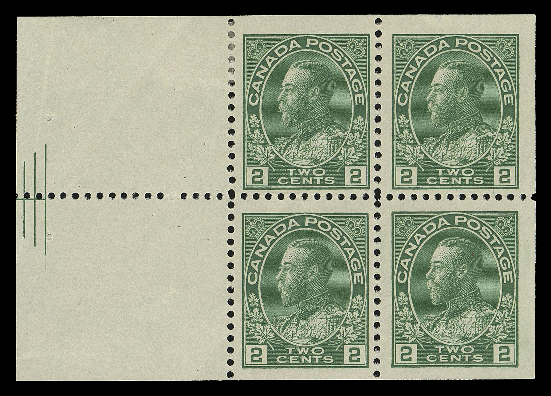 ADMIRAL STAMPS  107bi,A nicely centered, fresh mint booklet pane of four displaying a very sharp impression of the three-line Pyramid Guideline in tab margin, hinged on top left stamp, light crease in tab margin, VF appearance (Unitrade cat. $4,200)

Provenance: Michael Madesker booklet pane collection (private sale)

Census: A detailed listing compiled by Leopold Beaudet and John Jamieson, published in the Admiral
