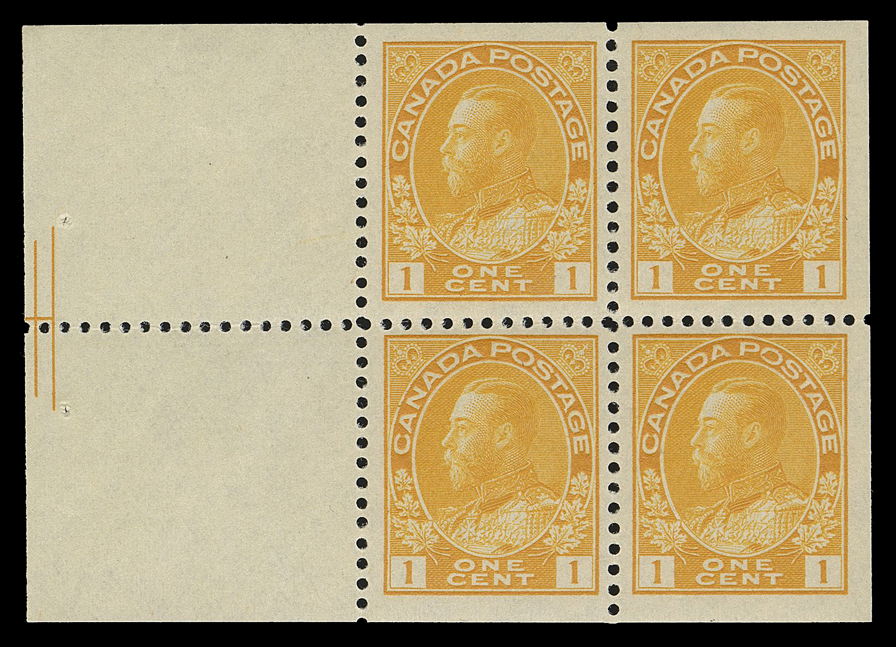 ADMIRAL STAMPS  105ai,A very attractive and nicely centered mint booklet pane of four, shows a sharp impression of the two-line Pyramid Guideline in tab margin, lightly hinged on top right stamp and natural gum inclusion in margin. A beautiful and very scarce pane, VF LH

Provenance: The "Lindemann" Collection (private treaty, circa. 1997)

Census: Based on the comprehensive listing compiled by Leopold Beaudet and John Jamieson, published in the Admiral